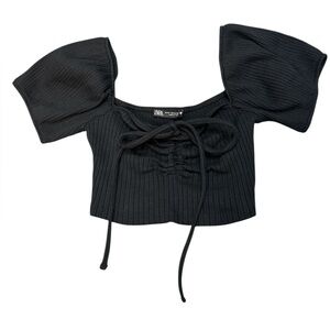 Zara Black Ribbed Knit Puff Sleeve Casual Crop Blouse Ladies Sz M